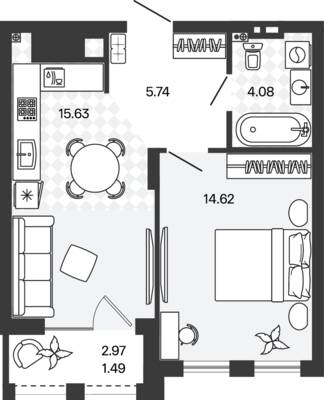 Планировка: 1-комн. 42,27 м² · этаж 5 из 5