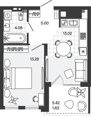 Планировка: 1-комн. 37,01 м² · этаж 5 из 5