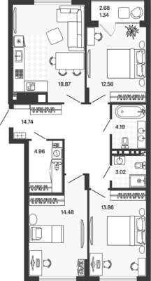 Планировка: 3-комн. 88,8 м² · этаж 1 из 5