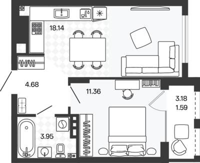 Планировка: 1-комн. 39,69 м² · этаж 5 из 5