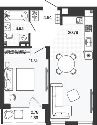 Планировка: 1-комн. 43,03 м² · этаж 1 из 5