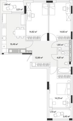 Планировка: 3-комн. 83,1 м² · этаж 7 из 7