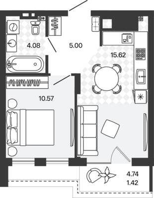 Планировка: 1-комн. 36,69 м² · этаж 5 из 5