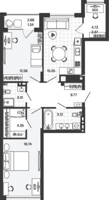 Планировка: 2-комн. 69,61 м² · этаж 5 из 5