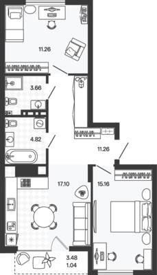 Планировка: 2-комн. 64,3 м² · этаж 3 из 5