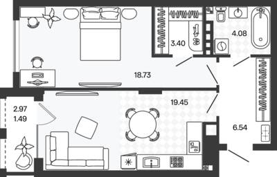 Планировка: 1-комн. 53,68 м² · этаж 3 из 5
