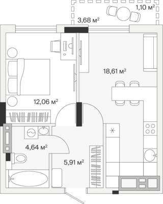 1-комнатная квартира 42,7 м² в ЖК АЭРО, Малое Исаково — фото 1