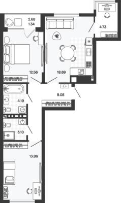 Планировка: 2-комн. 65,25 м² · этаж 3 из 5
