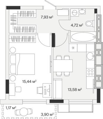 1-комнатная квартира 42,8 м² в ЖК АЭРО, Малое Исаково — фото 1