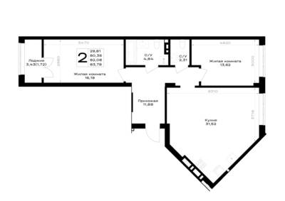 Планировка: 2-комн. 82,08 м² · этаж 7 из 7