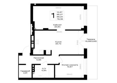 Планировка: 1-комн. 69,2 м² · этаж 1 из 7