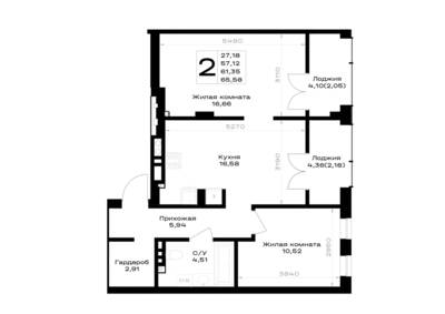 Планировка: 1-комн. 61,35 м² · этаж 2 из 7