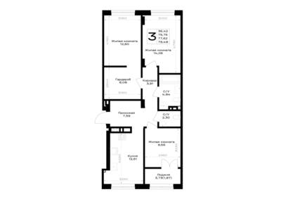 Планировка: 3-комн. 77,62 м² · этаж 2 из 7