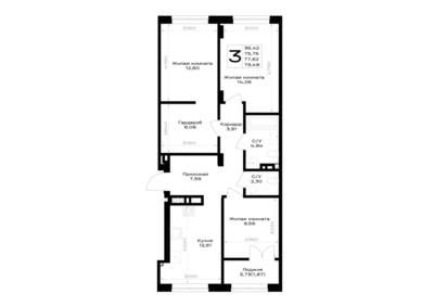 Планировка: 3-комн. 77,62 м² · этаж 4 из 7