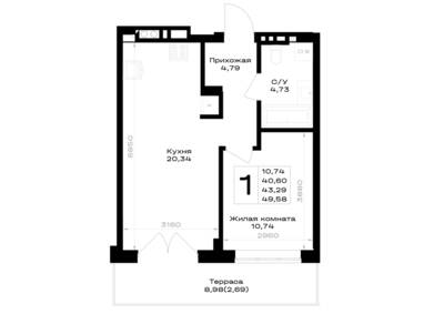 Планировка: 1-комн. 43,29 м² · этаж 1 из 7