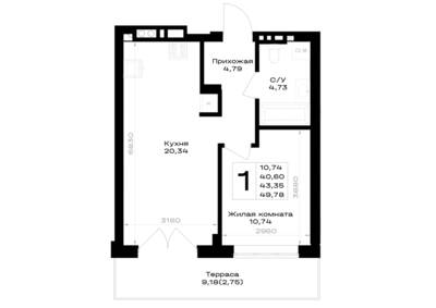 Планировка: 1-комн. 43,35 м² · этаж 1 из 7