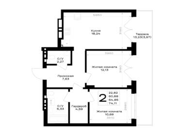 Планировка: 2-комн. 64,85 м² · этаж 1 из 7