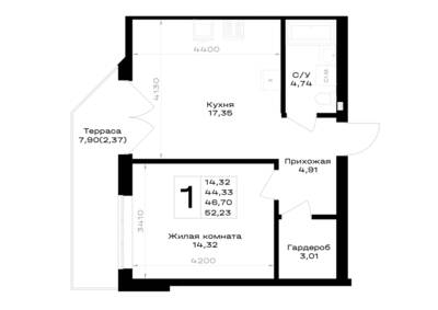 Планировка: 1-комн. 46,7 м² · этаж 1 из 7