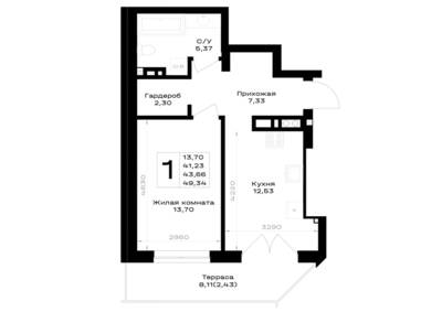 Планировка: 1-комн. 43,66 м² · этаж 1 из 7