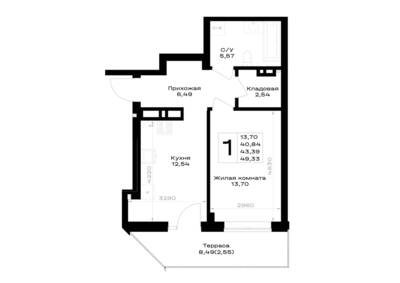 Планировка: 1-комн. 43,39 м² · этаж 1 из 7