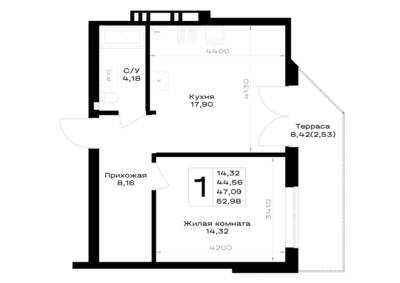 Планировка: 1-комн. 47,09 м² · этаж 1 из 7