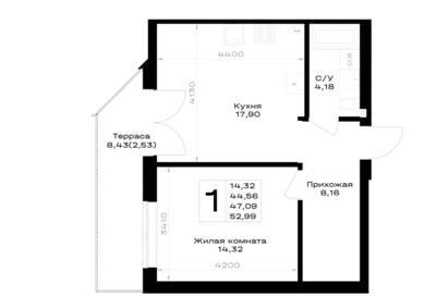 Планировка: 1-комн. 47,09 м² · этаж 1 из 7