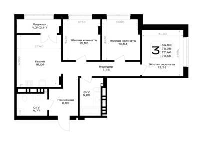 Планировка: 3-комн. 77,46 м² · этаж 4 из 7