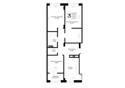 Планировка: 3-комн. 77,91 м² · этаж 5 из 7