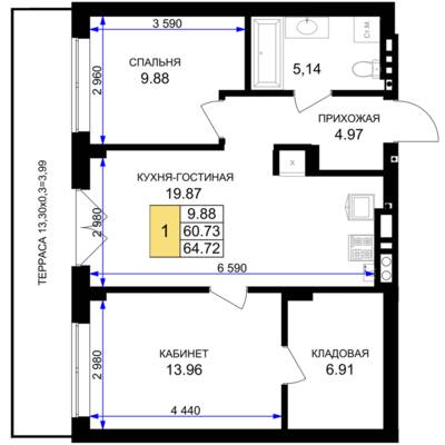 Планировка: 1-комн. 65,3 м² · этаж 1 из 7