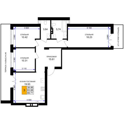 Планировка: 3-комн. 90,8 м² · этаж 1 из 7