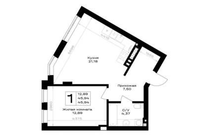 Планировка: 1-комн. 45,94 м² · этаж 2 из 7
