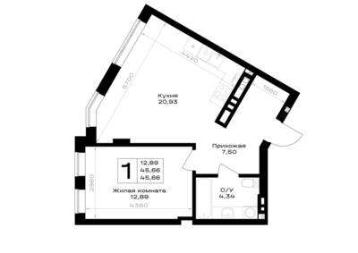 Планировка: 1-комн. 45,66 м² · этаж 5 из 7