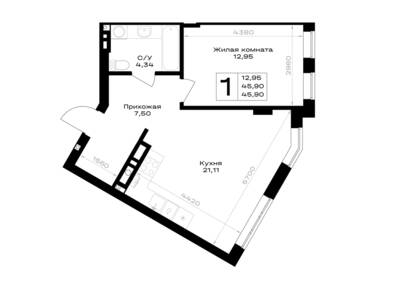 Планировка: 1-комн. 45,9 м² · этаж 2 из 7