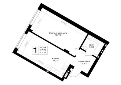 Планировка: 1-комн. 47,76 м² · этаж 1 из 7