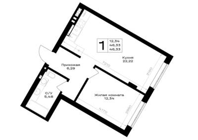 Планировка: 1-комн. 46,33 м² · этаж 1 из 7