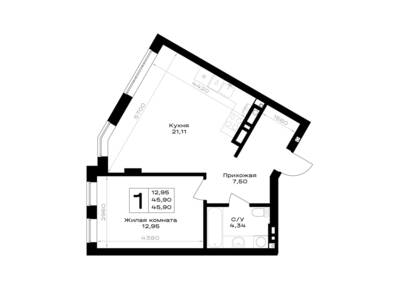 Планировка: 1-комн. 45,9 м² · этаж 2 из 7