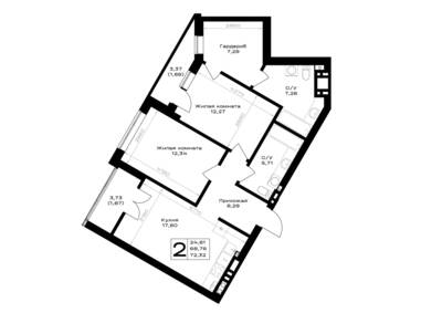 Планировка: 2-комн. 72,32 м² · этаж 6 из 7