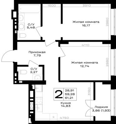 Планировка: 2-комн. 61,21 м² · этаж 6 из 7