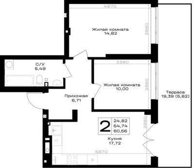Планировка: 2-комн. 60,56 м² · этаж 1 из 7
