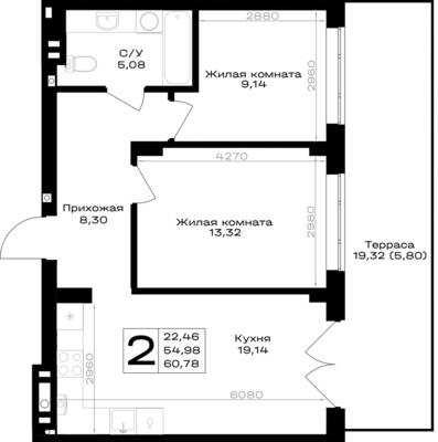 Планировка: 2-комн. 60,78 м² · этаж 1 из 7