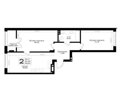 Планировка: 2-комн. 66,53 м² · этаж 2 из 7