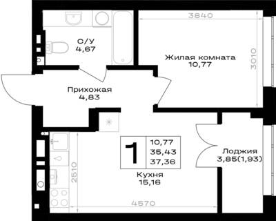 Планировка: 1-комн. 37,36 м² · этаж 5 из 7
