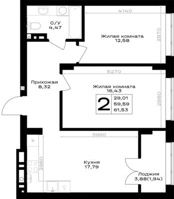 Планировка: 2-комн. 61,53 м² · этаж 6 из 7