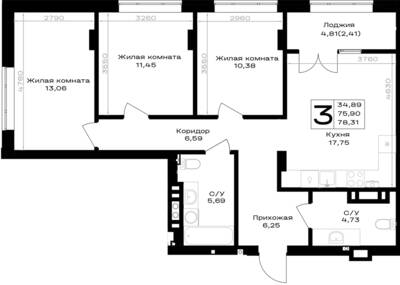 Планировка: 3-комн. 78,31 м² · этаж 2 из 7