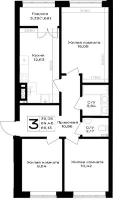 Планировка: 3-комн. 66,13 м² · этаж 3 из 7