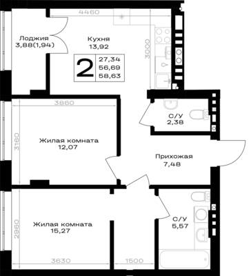 Планировка: 2-комн. 58,63 м² · этаж 7 из 7