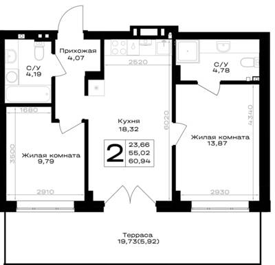 Планировка: 2-комн. 60,94 м² · этаж 1 из 7