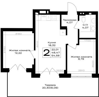 Планировка: 2-комн. 54,56 м² · этаж 1 из 7