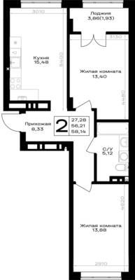 Планировка: 2-комн. 58,14 м² · этаж 7 из 7