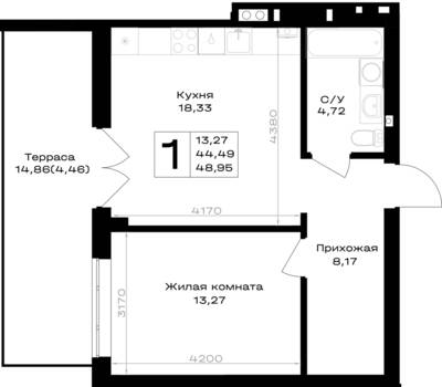 Планировка: 1-комн. 48,95 м² · этаж 1 из 7